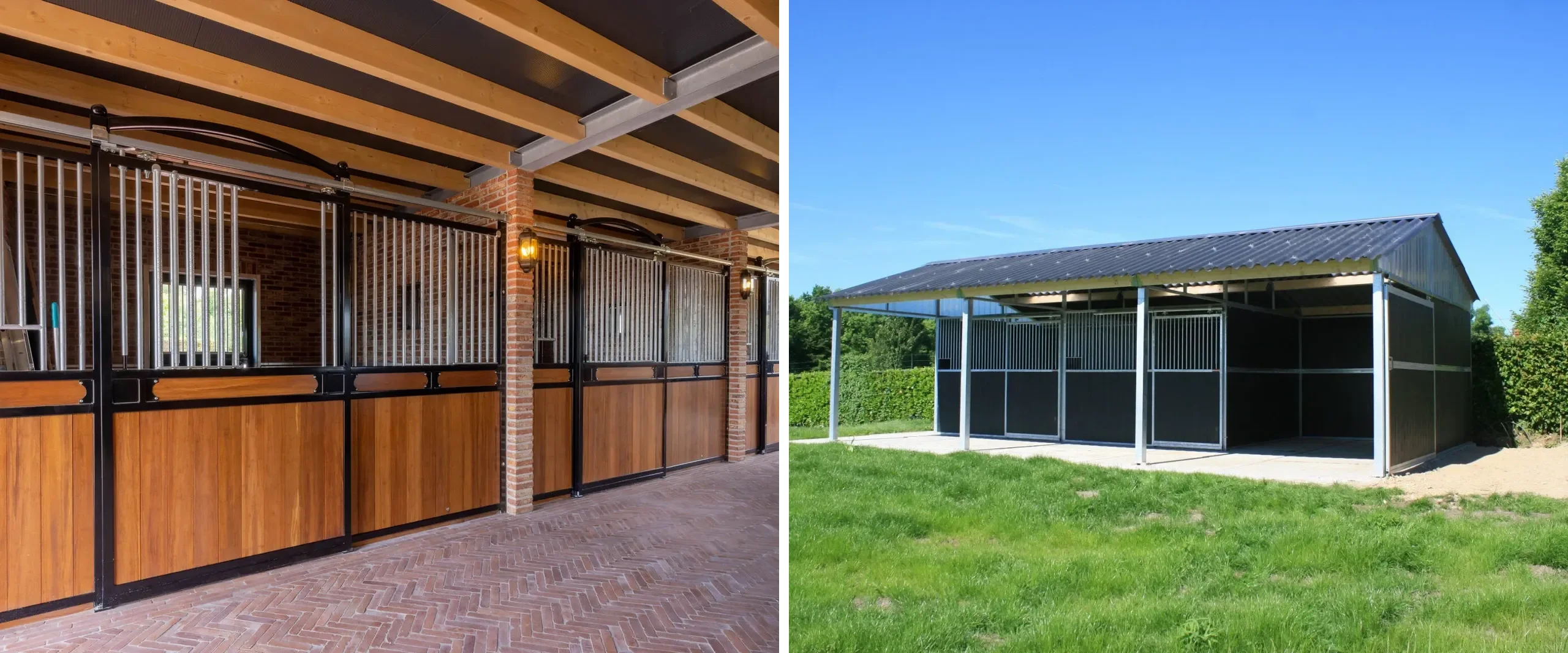 Gegenüberstellung von Innenbox (links, in einem bestehenden Gebäude) und freistehender Aussenbox (rechts, mit eigenem Dach) auf grüner Weide