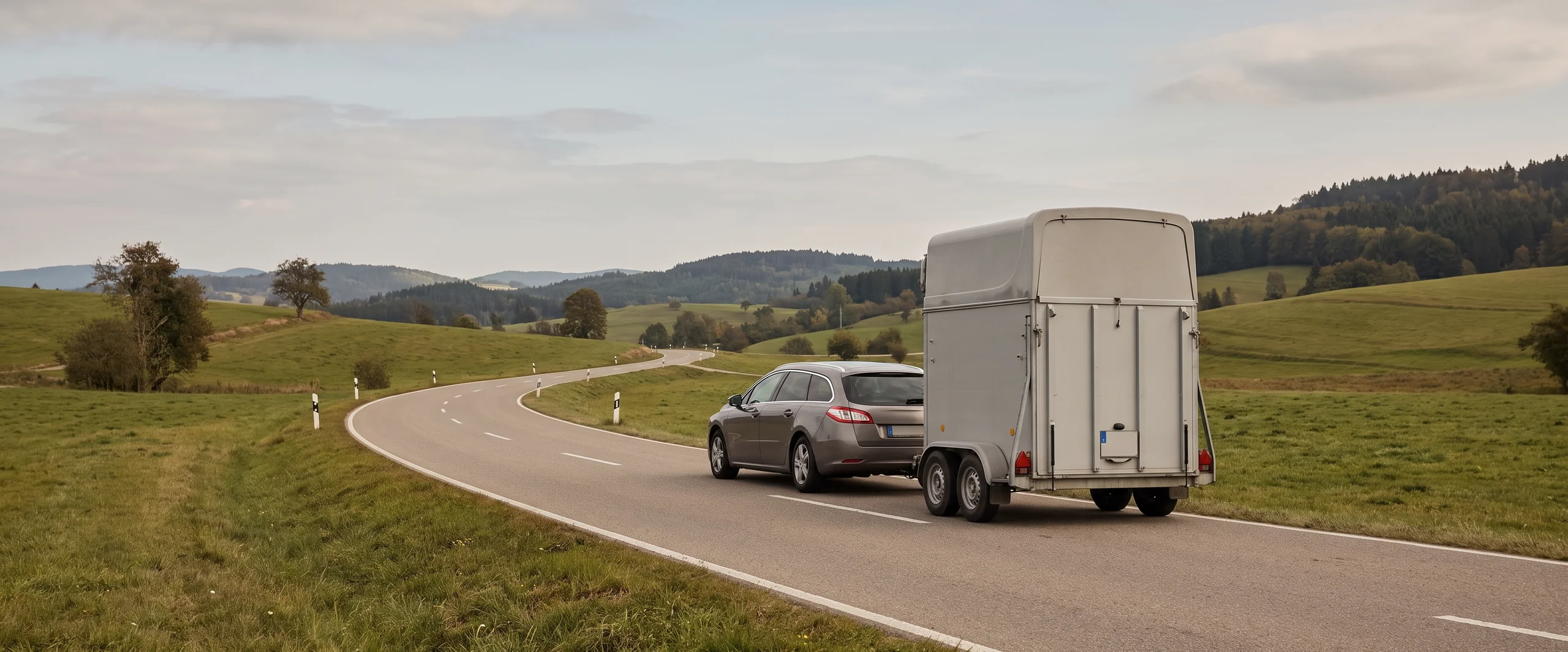 Zugfahrzeug mit Pferdeanhänger auf einer Landstrasse